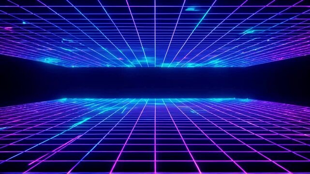 Cyberpunk grid composition, neon blue and purple perspective lines, futuristic digital backdrop with copy space
