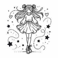 Cute Hand-Drawn Girl with Stars and Hearts Illustration
