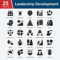 Leadership Development is a collection of icons representing the essential qualities and practices for growing leadership skills, including empowerment, goal-setting, communication, collaboration, sel