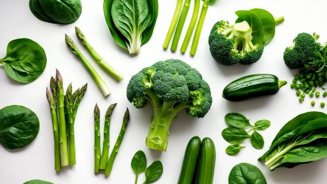 Selection of nutritious green vegetables isolated on a white surface.