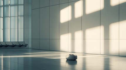 Empty airport terminal interior with sunlight shadows.