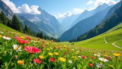 Fototapeta premium Serene alpine meadow nestled among towering mountains Wildflowers bloom in the vibrant sunlight , peaceful, vista