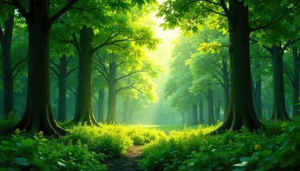 Obraz premium Serene forest background, lush green trees, dappled sunlight Ideal for nature themes , horizontal, nature