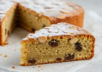 A slice of cake with raisins and almonds topped with powdered sugar on a white surface close up view