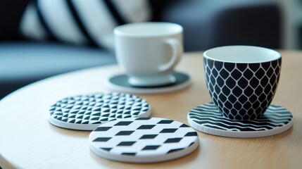 A set of plastic coasters with modern, geometric designs, placed on a coffee table.