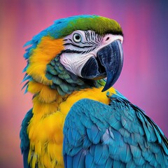 Fototapeta premium Vibrant macaw portrait against a blurred, colorful background