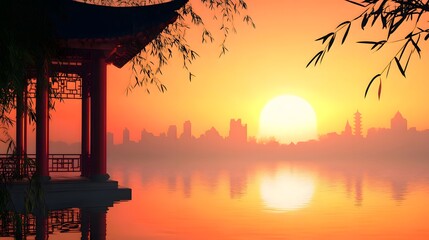 AsereneimageatdawnorduskwithatraditionalChinese-stylepavilionbyacalmbodyofwater.Thesuncastsawarmglow,silhouettingbambooleaves,andacityscapefaintlyappearsinthebackground,blendingnatureandurbanelements.