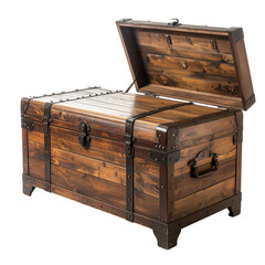 Rustic Dark Brown Wooden Chest with Metal Accents on Transparent Background