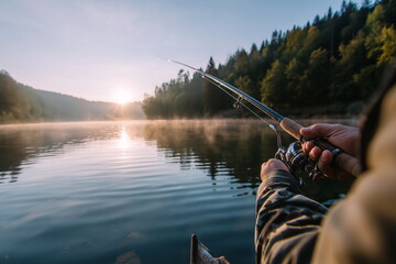 An angler casting a fishing rod over a calm lake at sunrise, mist on the water and forest in the background, ultra-realistic serene nature photo.