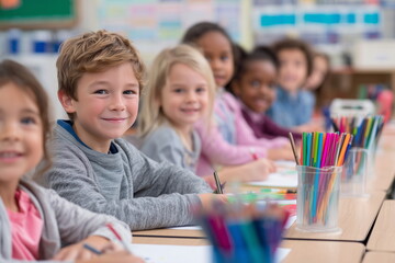 Fototapeta premium A bright and cheerful primary school classroom with young students engaged in an art lesson, colorful drawings and supplies on tables, smiling faces, ultra-realistic educational photo.