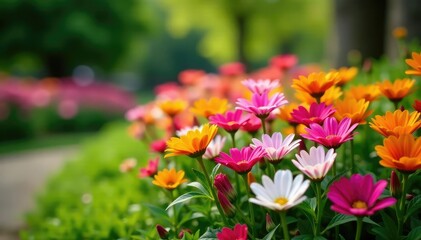Fototapeta premium Vibrant flowers blooming along a garden border , flowerbed, blooming