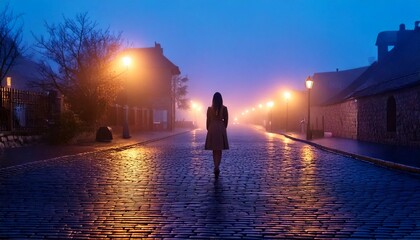 Fototapeta premium Persona caminando sola en una calle empedrada de niebla en el crepúsculo