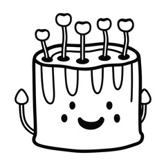 a smiling tree stump with tiny mushrooms growing line art vector illustration