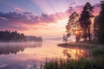 Fototapeta premium Serene Summer Sunrise Over Tranquil Lake With Reflections Generative AI