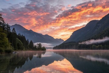 Serene Sunrise Over Mountain Lake With Reflections Generative AI