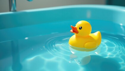 Yellow rubber duck floating in a blue bathtub, water droplets visible , childhood, play