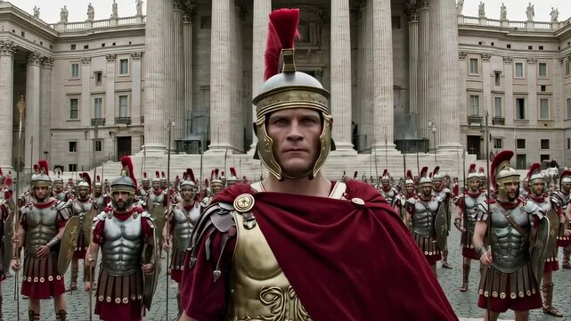 Roman general leading legion in front of grand classical building  

