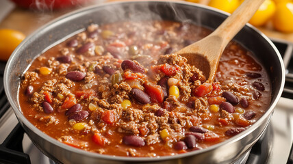 A steaming pot of homemade chili simmering on a cozy kitchen stove with a wooden spoon stirring away