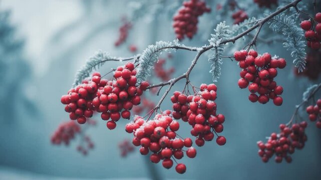 Crimson clusters of trees covered by the first snowfall.