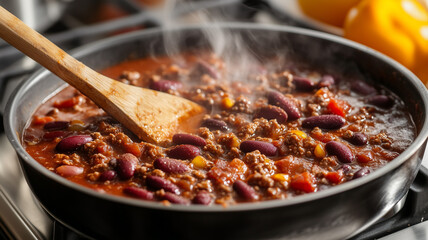 A steaming pot of homemade chili simmering on a cozy kitchen stove with a wooden spoon stirring away