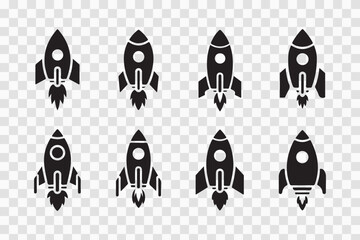 Rocket Launch Icons: A collection of eight stylized rocket launch icons ready to propel your creative project towards new heights!