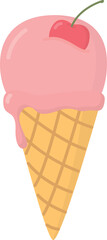 Pink ice cream in waffle cone with cherry on top. Summer sweet dessert isolated on transparent background