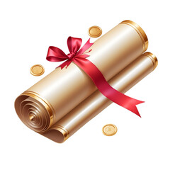 Elegant Rolled Parchment Scroll with Red Ribbon and Gold Coins Achievement, Award, Certificate Concept