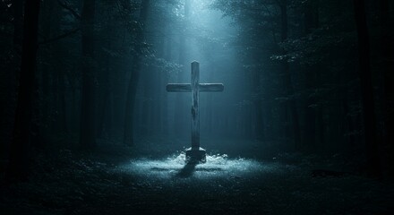 Naklejka premium Mystical Cross in Forest with Eerie Light Emphasizing Spirituality