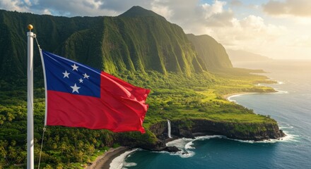 Waving Samoan Flag Symbolizing Polynesian Culture Against a Lush Volcanic Coastline with Water Features