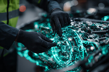 Close-up of gloved hands inspecting car engine with teal digital overlay, showcasing automotive technology and repair concept