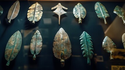Ancient bronze leaf-shaped arrowheads displayed in a museum.