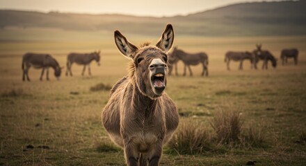 Naklejka premium A comical donkey standing in a field surrounded by its companions