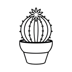 a round cactus in a small pot with a tiny flower line art vector illustration