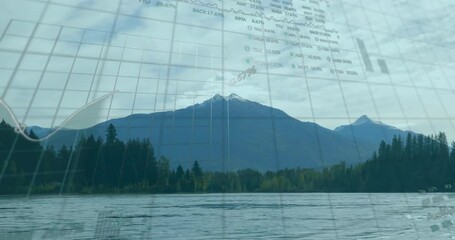 Snow-capped mountain being visualized in lake, overlaying transparent line graphs and bar charts - Powered by Adobe