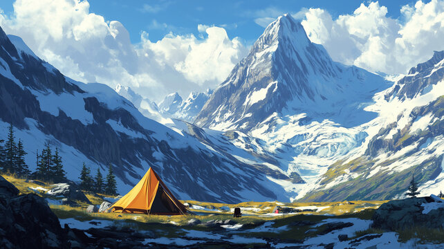 Scenic tent in a serene mountain valley with snowy peaks in the distance under a clear sky - Powered by Adobe