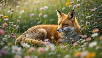 Obraz premium A Red Fox Resting in a Field of Wildflowers