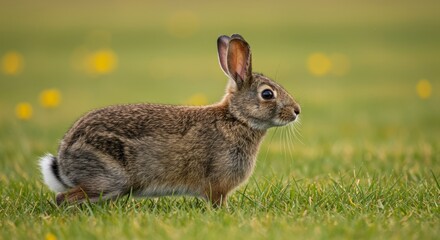 Fototapeta premium Eastern cottontail amidst springtime meadow, enjoying nature's quiet beauty