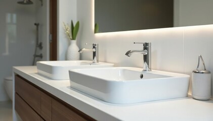 Modern bathroom sink with chrome faucet and clean white countertop , glossy, luxury