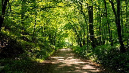 Fototapeta premium Camino bañado por el sol entre frondosos árboles verdes