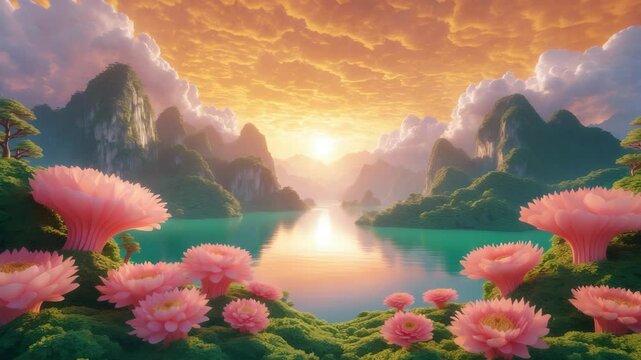 Before sunrise, an orange sky and sea of clouds evoke a peaceful, refreshing feeling. Mountains around Emerald Reservoir in Xindian District, Taiwan are visible.