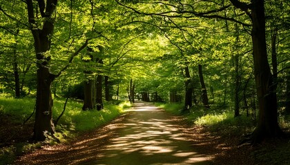 Camino bañado por el sol entre frondosos árboles verdes