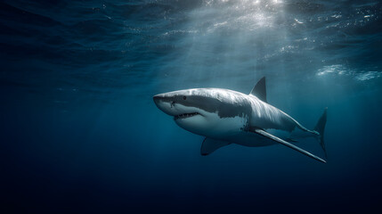 Majestic Great White Shark Underwater Apex Predator Ocean Wildlife Powerful Swimming Marine Conservation Shark Encounter Deep Sea Adventure Aquatic Realm
