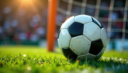 Fototapeta premium Soccer ball in goal net, close-up, game winning shot , action, competition