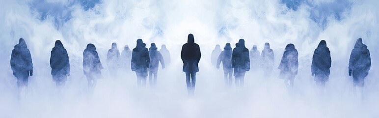 Symbolic image of silhouetted figures walking in a misty environment representing loss and isolation with a central figure.