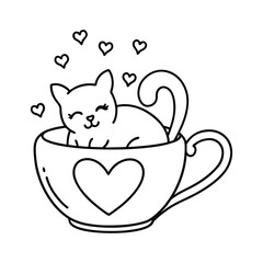 a cozy cat curled up inside a teacup surrounded b line art vector illustration