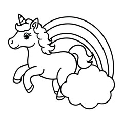 a cute unicorn with a curly mane flying over a ra line art vector illustration
