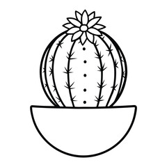 a round cactus in a small pot with a tiny flower line art vector illustration