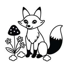 a playful fox with big eyes sitting among mushroom vector illustration