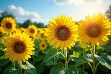 Fototapeta premium Sun-drenched field of ripe sunflowers in full bloom during summer harvest , scenic, harvest, rural