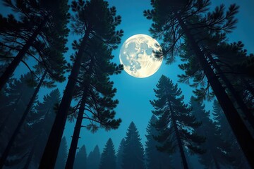 Towering pines, moonlight filters through canopy, secretive, peaceful